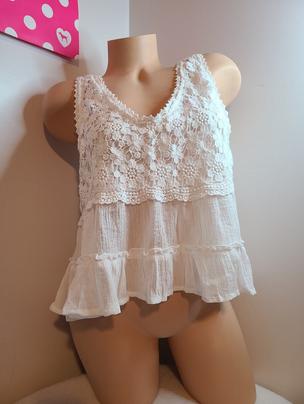Francesca's Miami Sleeveless Crochet Gauze Cotton Babydoll Tank Size M